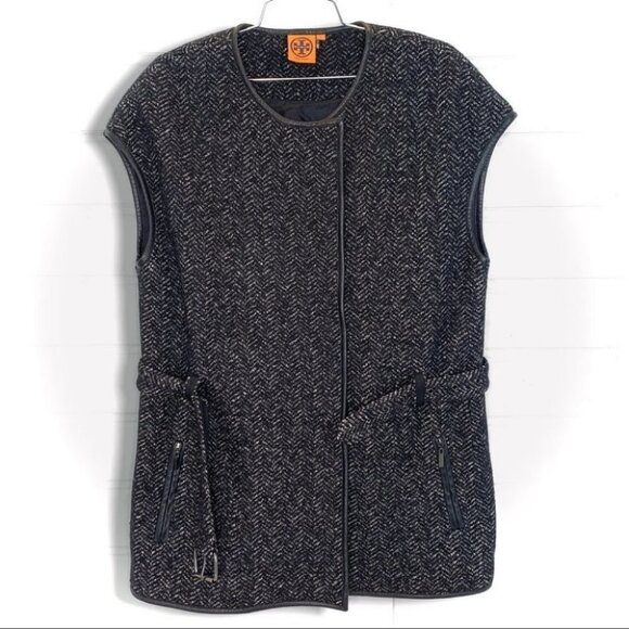 TORY BURCH BLACK WHITE WOOL LEATHER SLEEVELESS LIGHT BELTED  BELT JACKET - Picture 3 of 16